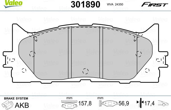 Valeo 301890 - Brake Pad Set, disc brake autospares.lv