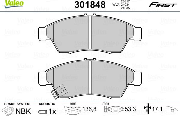 Valeo 301848 - Brake Pad Set, disc brake autospares.lv