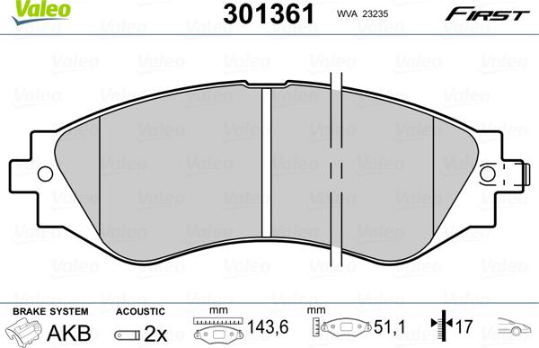 Valeo 301361 - Brake Pad Set, disc brake autospares.lv