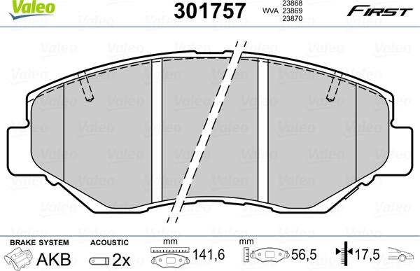 Valeo 301757 - Brake Pad Set, disc brake autospares.lv