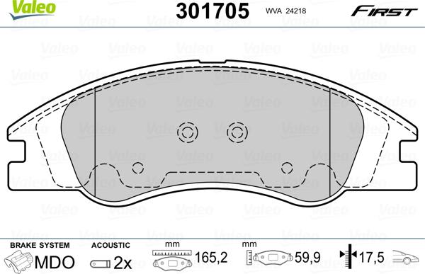 Valeo 301705 - Brake Pad Set, disc brake autospares.lv