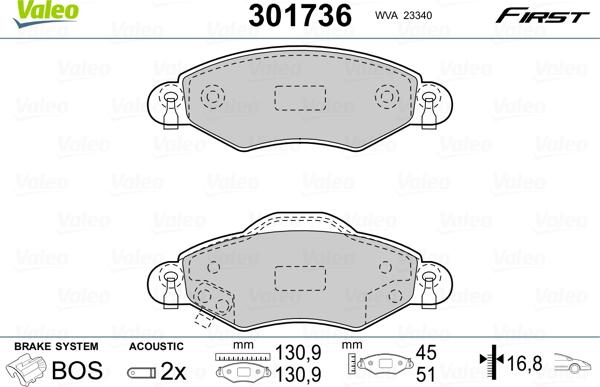 Valeo 301736 - Brake Pad Set, disc brake autospares.lv