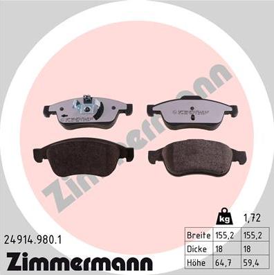 Zimmermann 24914.980.1 - Brake Pad Set, disc brake autospares.lv