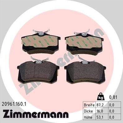 Zimmermann 20961.160.1 - Brake Pad Set, disc brake autospares.lv