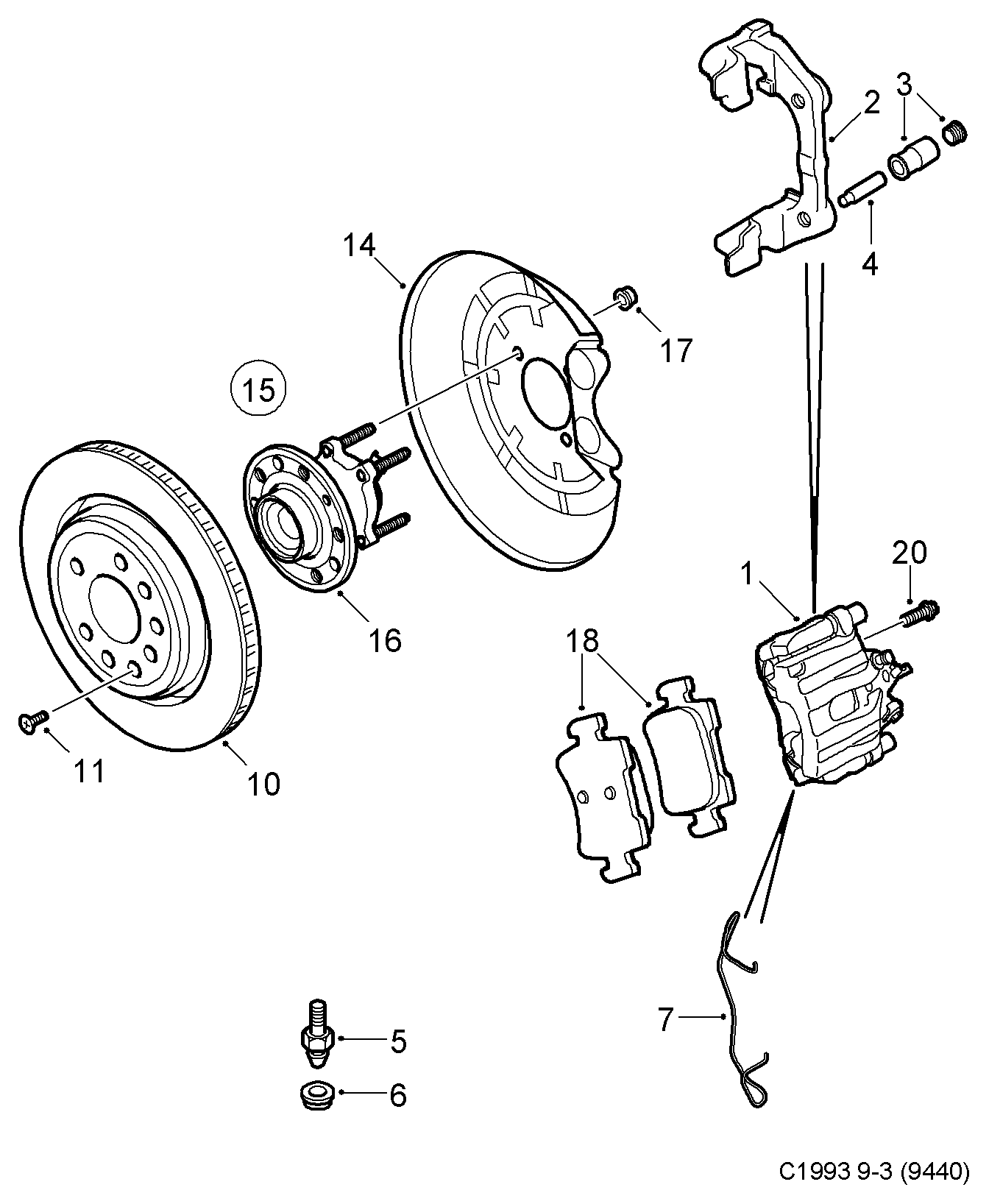 SAAB 12799240 - Brake disc and caliper, (2003-2005) , 4d, 5d, cv: 1 pcs. autospares.lv