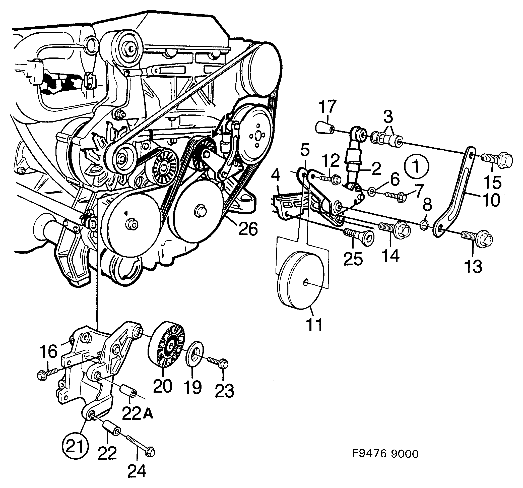 SAAB 4395448 - Belt tensioner, (1994-1998) , 4-cyl: 1 pcs. autospares.lv