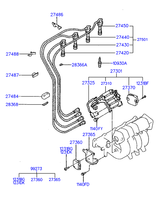 Hyundai 27301-33010 - Spark plug & cable (i4,sohc): 1 pcs. autospares.lv