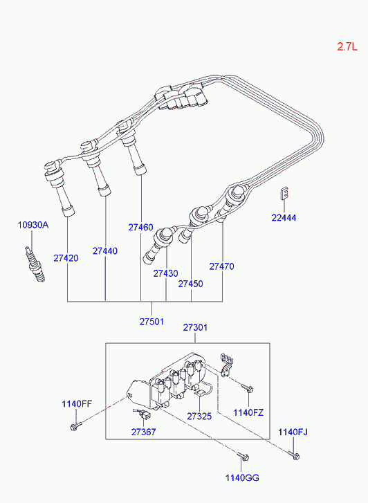 KIA 27410 23700 - Spark plug & cable: 6 pcs. autospares.lv