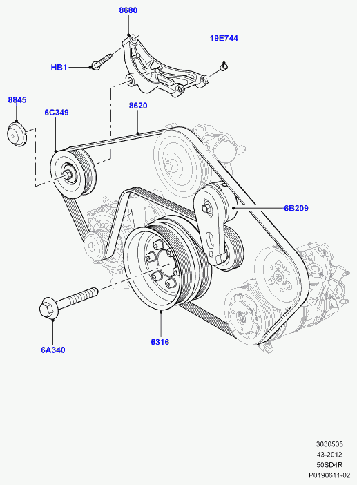 LANDWIND (JMC) LR 011345 - Pulleys and drive belts, 5.0l ohc sgdi na v8 petrol, primary dri: 1 pcs. autospares.lv