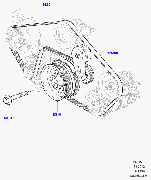 FIAT LR012625 - Pulleys and drive belts, 5.0l ohc sgdi sc v8 petrol, l320 range : 1 pcs. autospares.lv